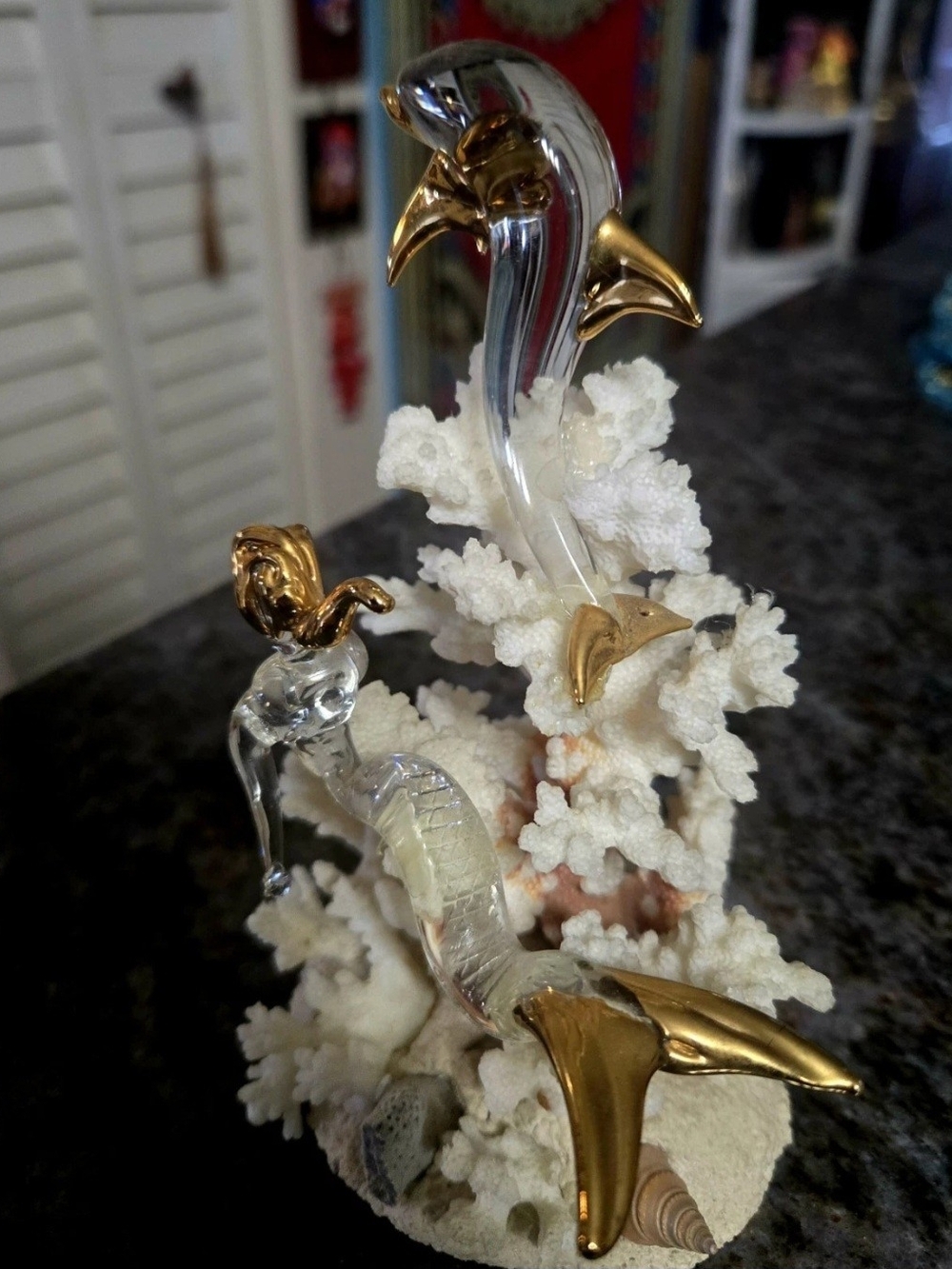 Gold-Accent Glass Dolphin Sculpture - White Coral Base